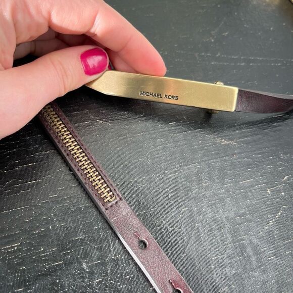 VTG Y2K Michael Kors Brown Leather Skinny Belt w/ Zipper Detail Gold Buckle - Picture 5 of 12